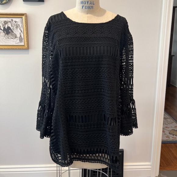 Alfani lace layered black blouse, Size Large - Picture 2 of 8